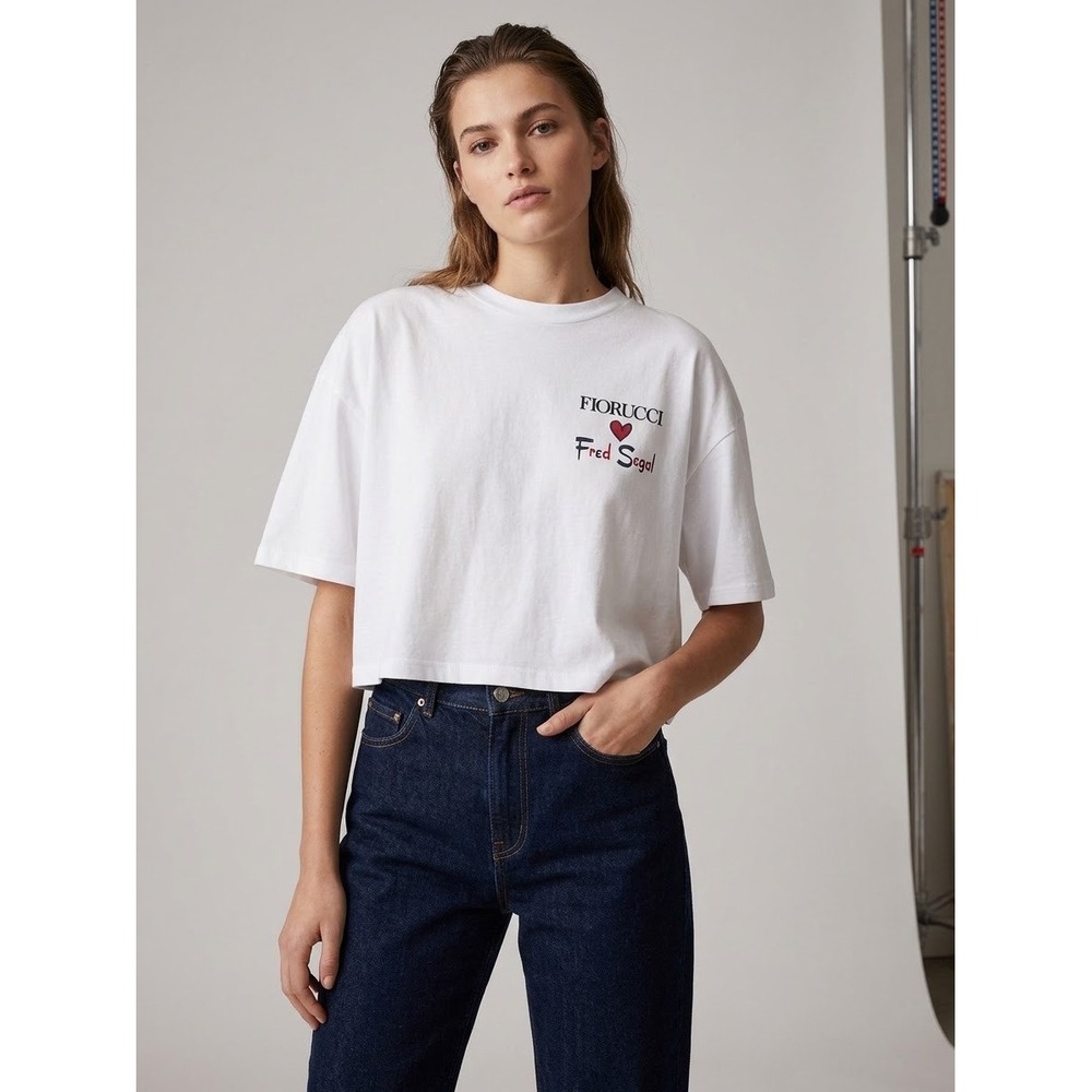 Fiorucci Fred Segal White Logo Crop Top T-Shirt Medium Cotton Made in Portugal